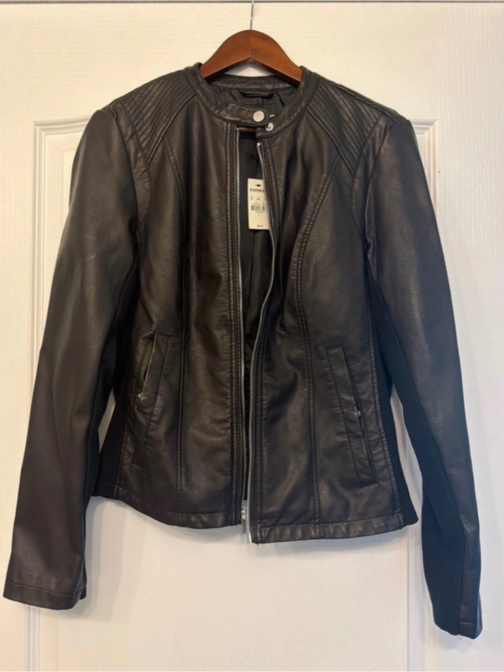Express Black Leather Jacket with Cloth Panels NWT